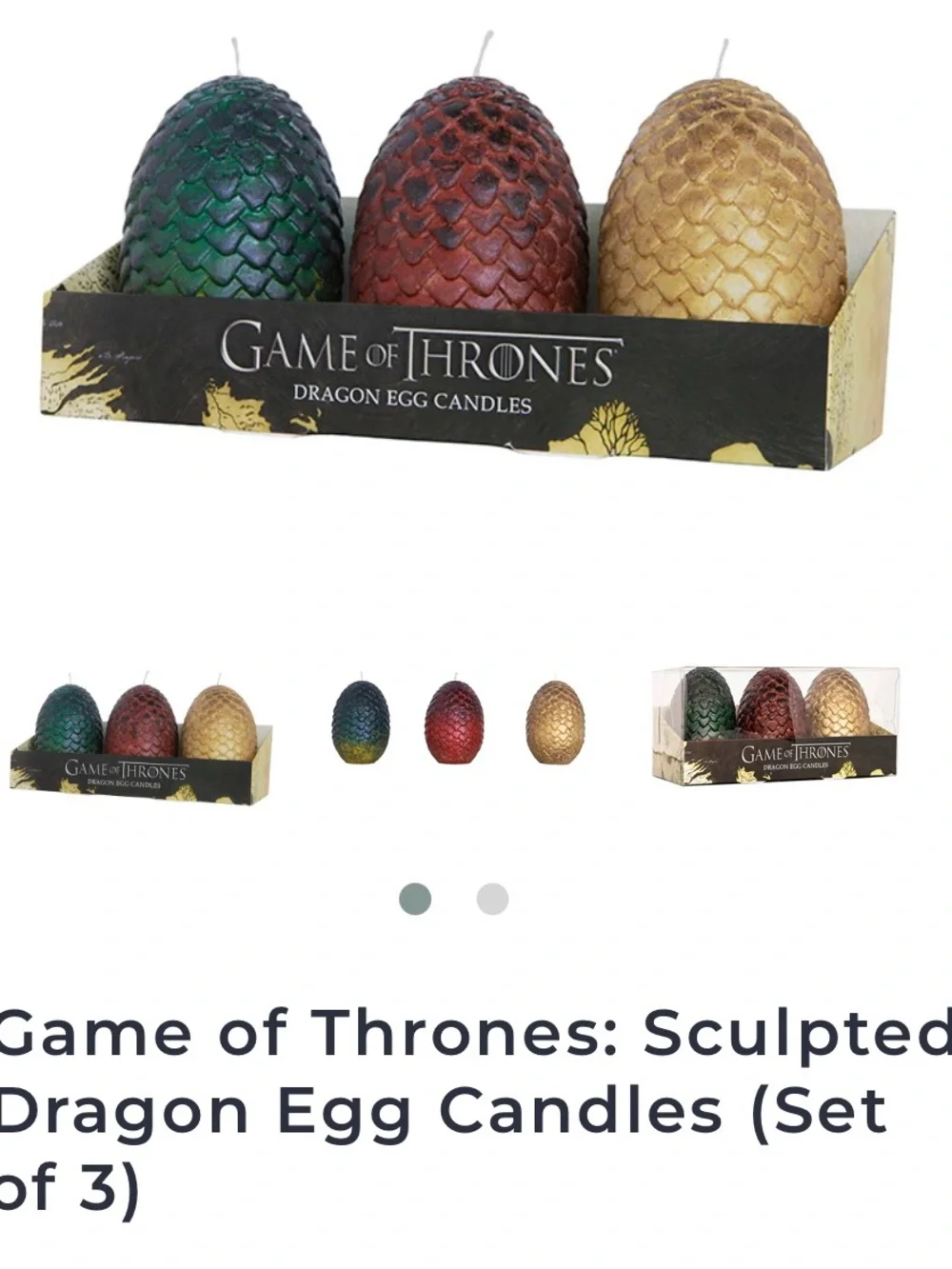 NWT Game of Thrones Dragon Egg Candle Set of 3 - Green, Red, Gold